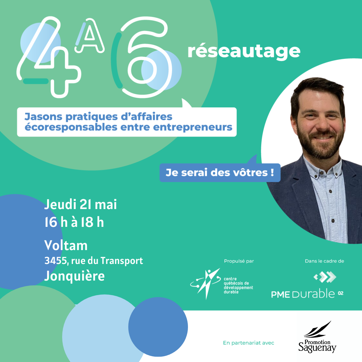 4 à 6 réseautage – Jasons pratiques d&rsquo;affaires écoresponsables entre entrepreneurs – 21 mai à Jonquière